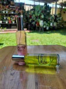 2 botol parfum mulegh di atas meja taman